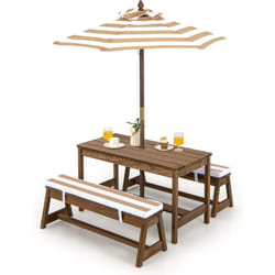 Table de Pique-Nique pour Enfants avec Parasol Réglable, Salon de Jardin en Bois pour Enfants avec Coussins, 89 x 44 x 50 cm Marron - Costway