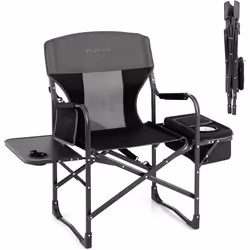 COSTWAY Chaise de Camping Pliante avec Petite Table Sac de Glace avec Porte-gobelet 113 x 56 x 98 CM Charge 180 KG Noir