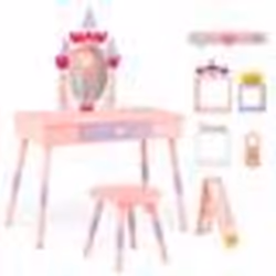 COSTWAY 2 en 1 Coiffeuse Enfants avec Tabouret avec Miroir Détachable Style Princesse 1 Tiroir et 3 Cubes Charge 30 KG Rose