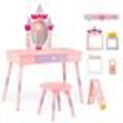 COSTWAY 2 en 1 Coiffeuse Enfants avec Tabouret avec Miroir Détachable Style Princesse 1 Tiroir et 3 Cubes Charge 30 KG Rose