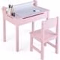 COSTWAY Bureau pour Enfants avec Chaise Rouleau de Papier Plateau Rabattable (Rangement Caché)en Bois pour 3+ Ans Rose