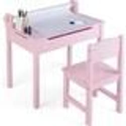 COSTWAY Bureau pour Enfants avec Chaise Rouleau de Papier Plateau Rabattable (Rangement Caché)en Bois pour 3+ Ans Rose