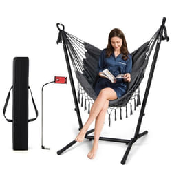 COSTWAY Hamac sur Pied avec Support en Métal et Porte-Téléphone Charge 250KG Hamac de Jardin avec Oreiller et Poche Latérale Gris