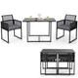 COSTWAY Salon de Jardin - 3PCS Rotin PE Anti-Soleil Dossier AMOVIBLE Pateau en Verre Trempé Cadre en Métal Style Urbain