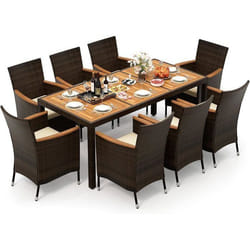 COSTWAY Ensembles Salon de Jardin en Rotin 8 Places 1 Table et 8 Chaises Empilables en Bois dAcacia Coussins Amovibles Noir