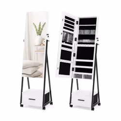 COSTWAY Armoire à Bijoux à Roulettes avec Miroir et Tiroir 9 Compartiments Porte Verrouillable Blanc 42 x 38 x 157 CM
