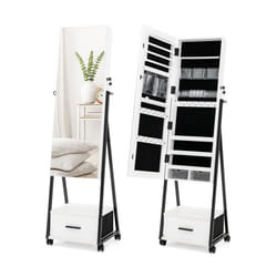 COSTWAY Armoire à Bijoux à Roulettes avec Miroir et Tiroir 9 Compartiments Porte Verrouillable Blanc 42 x 38 x 157 CM