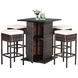 COSTWAY Salon de Jardin d’Extérieur en PS et Rotin PE 4 Tabourets Bar et 1 Table Bar Inclus avec Espace de Rangement Coussins