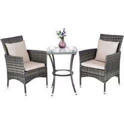 Salon de Jardin - COSTWAY - Rotin PE Anti-UV - Table et 2 Fauteuils - Gris