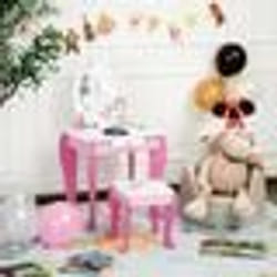 COSTWAY Coiffeuse pour Enfant Table de Maquillage avec Tabouret Miroir Détachable et 1 Tiroir de Rangement Style Princesse Rose