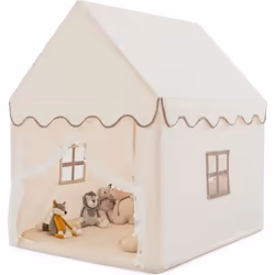 Tente de Jeux pour Enfants COSTWAY-Tapis en Coton Lavable-Cadre en Bois Massif-Fenêtres avec Rideaux-120 x 105 x 140 cm-Beige