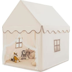 Tente de Jeux pour Enfants COSTWAY-Tapis en Coton Lavable-Cadre en Bois Massif-Fenêtres avec Rideaux-120 x 105 x 140 cm-Beige