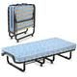 COSTWAY Lit Pliant 1 Personne sur Roulettes 90 x 200 CM Lit dAppointPliable Matelas en Mémoire 10 CM Sommier à 15 Lattes Bleu