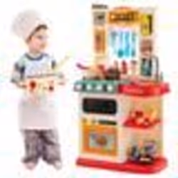COSTWAY Cuisine Enfants - 65 Accessoires Jouet Dînette Lumières et Sons Réalistes Cadeaux de Noël - dAnniversaire 3 Ans+ Roug ...