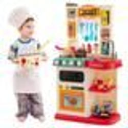 COSTWAY Cuisine Enfants - 65 Accessoires Jouet Dînette Lumières et Sons Réalistes Cadeaux de Noël - dAnniversaire 3 Ans+ Rouge