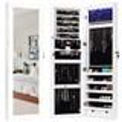 COSTWAY Armoire à Bijoux Mural-Suspendue avec Miroir LED Intégré avec 2 Serrure 2 Tiroirs 1 Tringle Blanc 365 x 97 x 120 CM