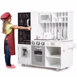 COSTWAY Cuisine Enfant en Bois 3 Ans+ Effets Sonore et Lumière avec 7 Accessoires avec Tableau Noir