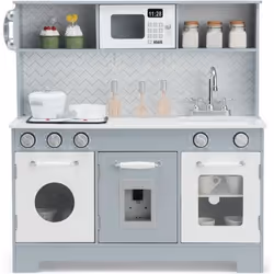 COSTWAY Cuisine Enfant en Bois 3 Ans+ 6 Accessoires Effets Sonore et Lumière Téléphone Inclus Gris