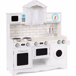 COSTWAY Cuisine pour Enfants en Bois 3 Ans+ Effet Lumière & Sonore Machine à Laver Micro-OndesHorlage en Forme Maison