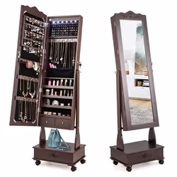 COSTWAY Armoire à Bijoux avec Miroir Pleine Longueur 4 Roues Verrouillables lumières LED et Tiroirs 3 Angles Réglables Marron