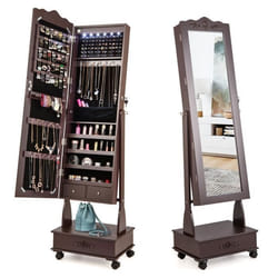 COSTWAY Armoire à Bijoux avec Miroir Pleine Longueur 4 Roues Verrouillables lumières LED et Tiroirs 3 Angles Réglables Marron