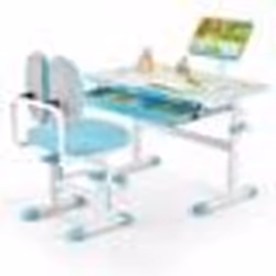 COSTWAY Bureau Enfant avec Chaise pour 3-12 Ans Hauteur Réglable Plateau Incliné 0-60° Tiroir avec Rangement Zoné Bleu