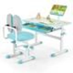 COSTWAY Bureau Enfant avec Chaise pour 3-12 Ans Hauteur Réglable Plateau Incliné 0-60° Tiroir avec Rangement Zoné Bleu