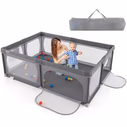 COSTWAY Parc Bébé sans BPA Tissu Oxford 206×147×685cm avec 2 Compartiments 50 Balles Océaniques Colorées Sac de Rangement Gri ...