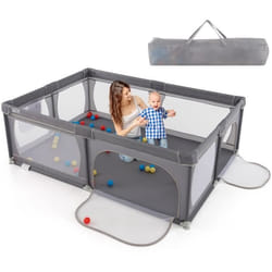 COSTWAY Parc Bébé sans BPA Tissu Oxford 206×147×685cm avec 2 Compartiments 50 Balles Océaniques Colorées Sac de Rangement Gris