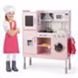 COSTWAY Cuisine pour Enfants 3Ans+ en Bois - 16 Accessoires Effect Sons et Lumières avec Téléphone Vêtements de chef Rose