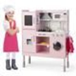 COSTWAY Cuisine pour Enfants 3Ans+ en Bois - 16 Accessoires Effect Sons et Lumières avec Téléphone Vêtements de chef Rose
