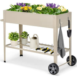 COSTWAY Jardinière Surélevée sur Roulettes 65L avec Etagère Grillagée2 Crochets de SuspensionPoignée en Métal 95 x 40 x 80 cm