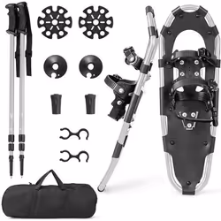 COSTWAY Raquettes à Neige 21’’ avec Bâtons de Ski RétractablesSac de Transport en Aluminium Fixation à Double Cliquet Argent
