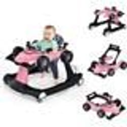 COSTWAY Trotteur Bébé Pliable Musical 4 en 1 Apparence de Voiture Pousseur Hauteur et Vitesse Réglables avec Lumière Volant Rose