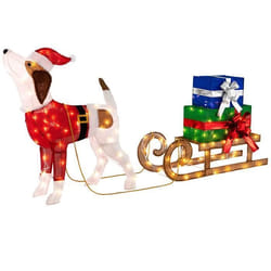 COSTWAY Décoration de Noël avec 170 Lumières Pré-allumées, Décoration Festive Chien et Traîneau avec 8 Piquets et 8 Serre-câbles, Décoration du
