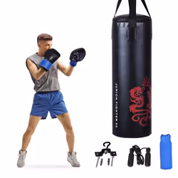 COSTWAY Sac de Frappe Boxe Enfants 2 GantsCorde à SauterCrochet de PlafondSac de Transport Sac Pré-rempli pour MMA Kickboxing