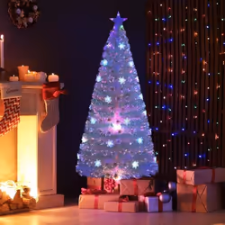 Sapin de Noël LED Blanc à Fibre Optique 180cm COSTWAY-Feuilles Irisées Flocon de Neige-30 Lumières Multicolores-Décoration Et ...