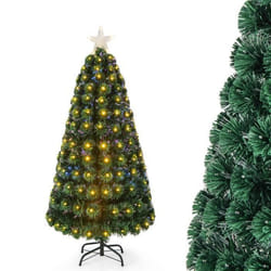 COSTWAY Sapin de Noël Artificiel de 150cm avec Lumineux 170 LED 8 Modes dÉclairage Étoile Lumineuse au Sommet Fibres Optiques