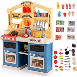 COSTWAY Cuisine Enfants - 69 Accessoires Jouet Dînette Lumières et Sons Réalistes Cadeaux de Noël - dAnniversaire 3 Ans+ Bleu
