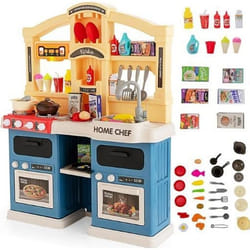 COSTWAY Cuisine Enfants - 69 Accessoires Jouet Dînette Lumières et Sons Réalistes Cadeaux de Noël - dAnniversaire 3 Ans+ Bleu