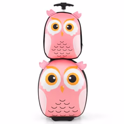 COSTWAY Valise Enfant à Roulettes 16’’ + Sac à Dos 12’’ Ensemble de Bagage Enfants avec Motif Hibou Voyages en Avion Rose