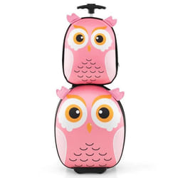 COSTWAY Valise Enfant à Roulettes 16’’ + Sac à Dos 12’’ Ensemble de Bagage Enfants avec Motif Hibou Voyages en Avion Rose