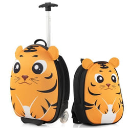 COSTWAY Valise Enfant à Roulettes 16’’ + Sac à Dos 12’’ Ensemble de Bagage Enfants avec Motif Tigre Voyages en Avion Jaune