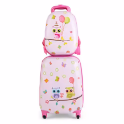 COSTWAY Valise Enfant à Roulettes 16’’ + Sac à dos 12’’ Ensemble de Bagage Enfants avec Motif Hibou Voyages en Avion Rose