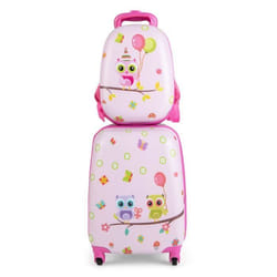COSTWAY Valise Enfant à Roulettes 16’’ + Sac à dos 12’’ Ensemble de Bagage Enfants avec Motif Hibou Voyages en Avion Rose