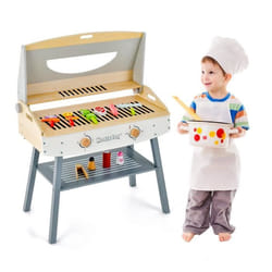 COSTWAY Jouet Barbecue Grill en Bois pour Enfants 3 Ans+ 17 Accessoires Couvercle Rabattable Son Réaliste Cadeaux Idéal