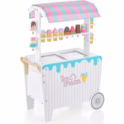 COSTWAY Marchande Enfants 12 Accessoires - Chariot à Crème Glacée en Bois 65 x 31 x 87 CM pour Enfants 3 Ans+