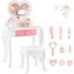 COSTWAY 2 en 1 Coiffeuse et Tabouret Enfants avec Miroir Amovible en Forme de Cœur 10 Jouets dHabillage Tiroir pour 3+ Ans Blanc
