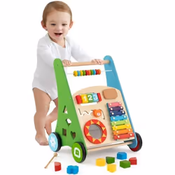 COSTWAY 7 en 1 Trotteur pour Bébés en Bois avec Boîte de Rangement 8 Blocs et 1 Maillet Multifonctionnel Jouet Montessori 1 A ...