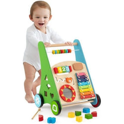 COSTWAY 7 en 1 Trotteur pour Bébés en Bois avec Boîte de Rangement 8 Blocs et 1 Maillet Multifonctionnel Jouet Montessori 1 An+